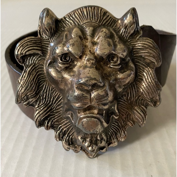 VINTAGE Silver Metal Lion's Head Belt Buckle with Belt Size 34 - Picture 7 of 16